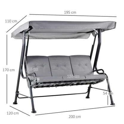 3 Seater Swing Chairs Thick Padded Seat Hammock Canopy Bench Bed - Grey by Outsunny