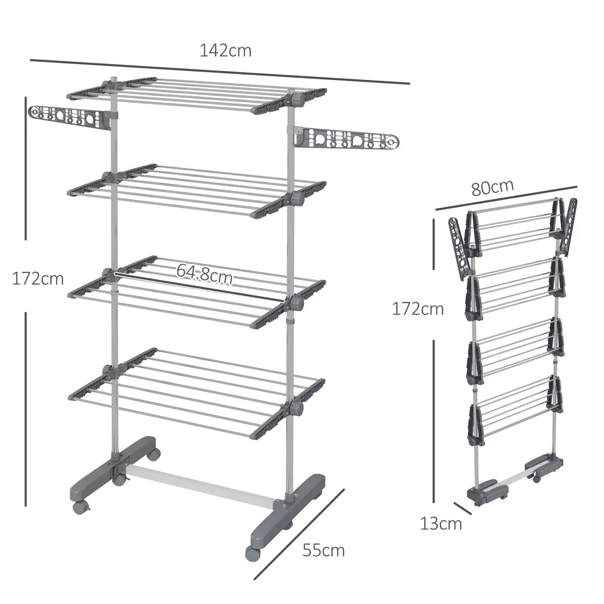 HOMCOM 4-Tier Large Clothes Airer Stainless Steel Clothes Drying Rack Grey by HOMCOM