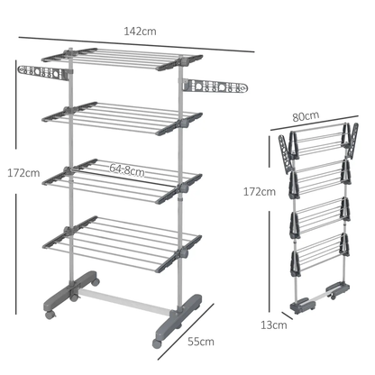 HOMCOM 4-Tier Large Clothes Airer Stainless Steel Clothes Drying Rack Grey by HOMCOM