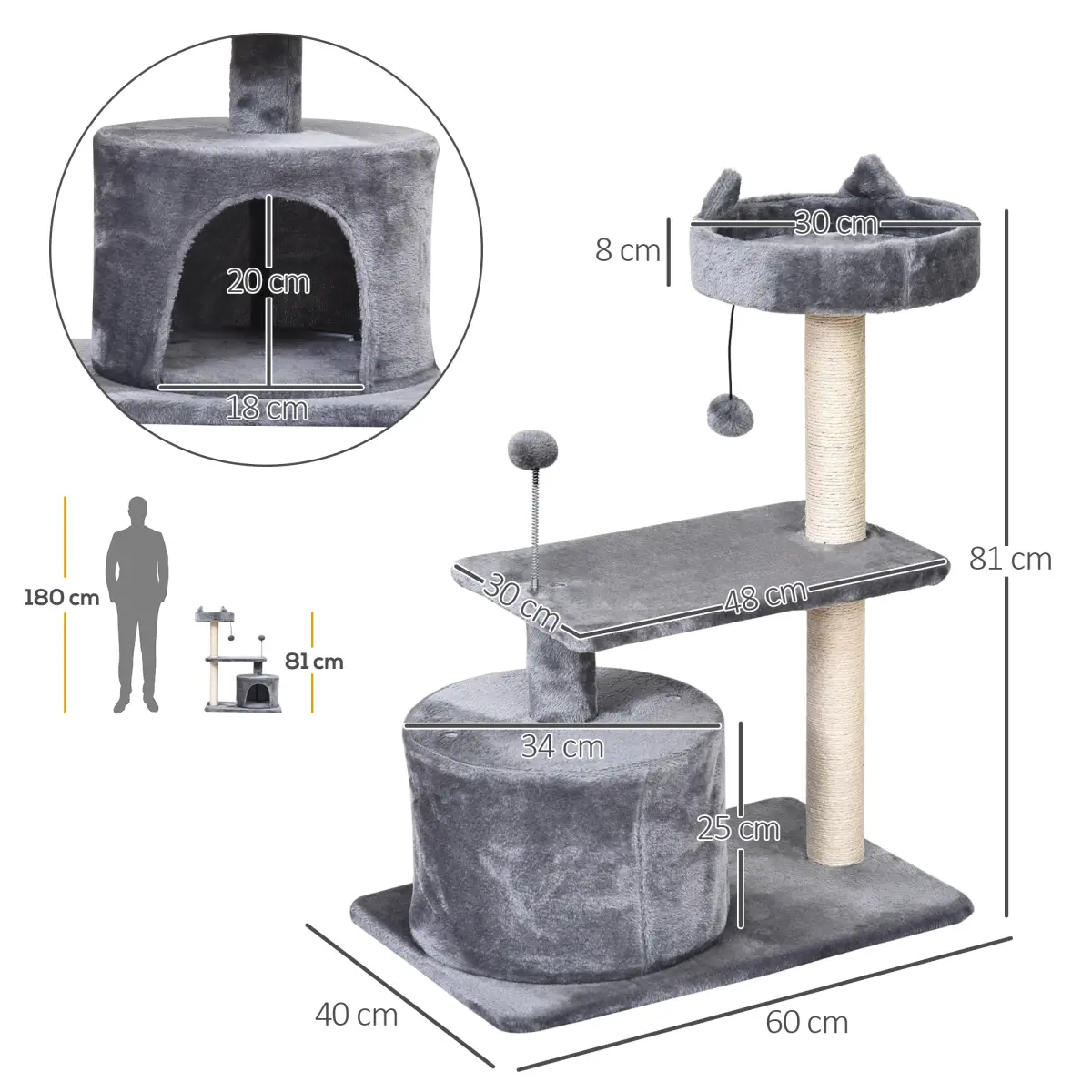 81cm Cat Tree Scratching Post Tower for Kitten Large Cats Activity Centre House by Pawhut