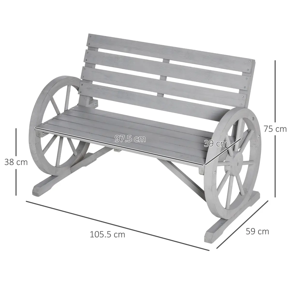 2 Seater Bench Armrest Chair & Wooden Cart Wagon Wheel Rustic High Back Grey by Outsunny