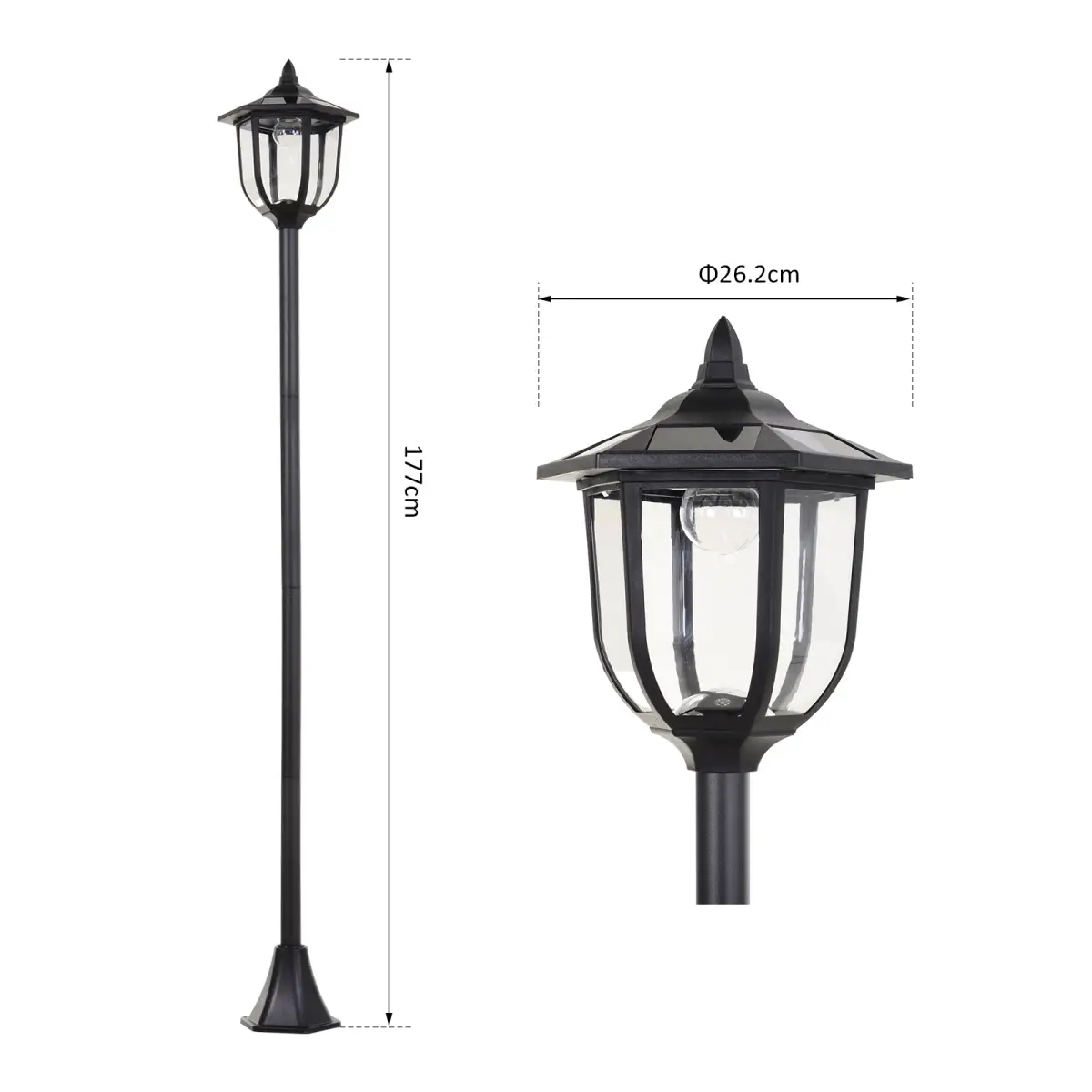 1.77m Tall Free-Standing ABS Garden Solar LED Lamp Post Black by Outsunny