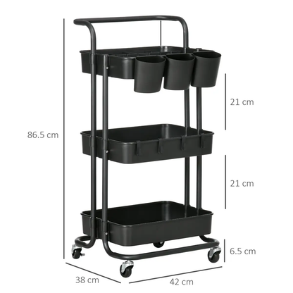 3-Tier Utility Cart, Serving Trolley with Mesh Baskets Removable Boxes, Black by Unbranded