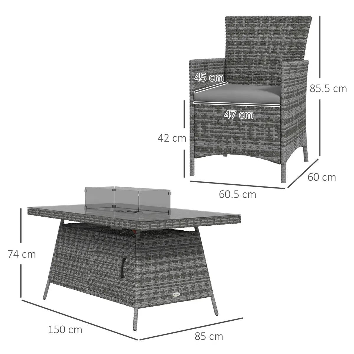 Outsunny PE Rattan Dining Set with Fire Pit Table and Cushioned Armchairs, Grey by Outsunny