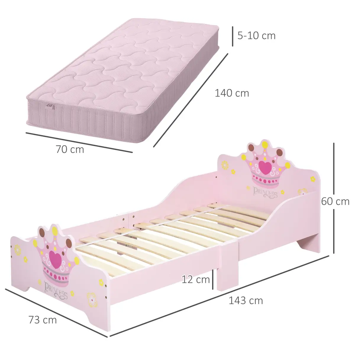 Kids Wooden Princess Crown & Flower Single Bed Safety Side Rails Slats by Homcom