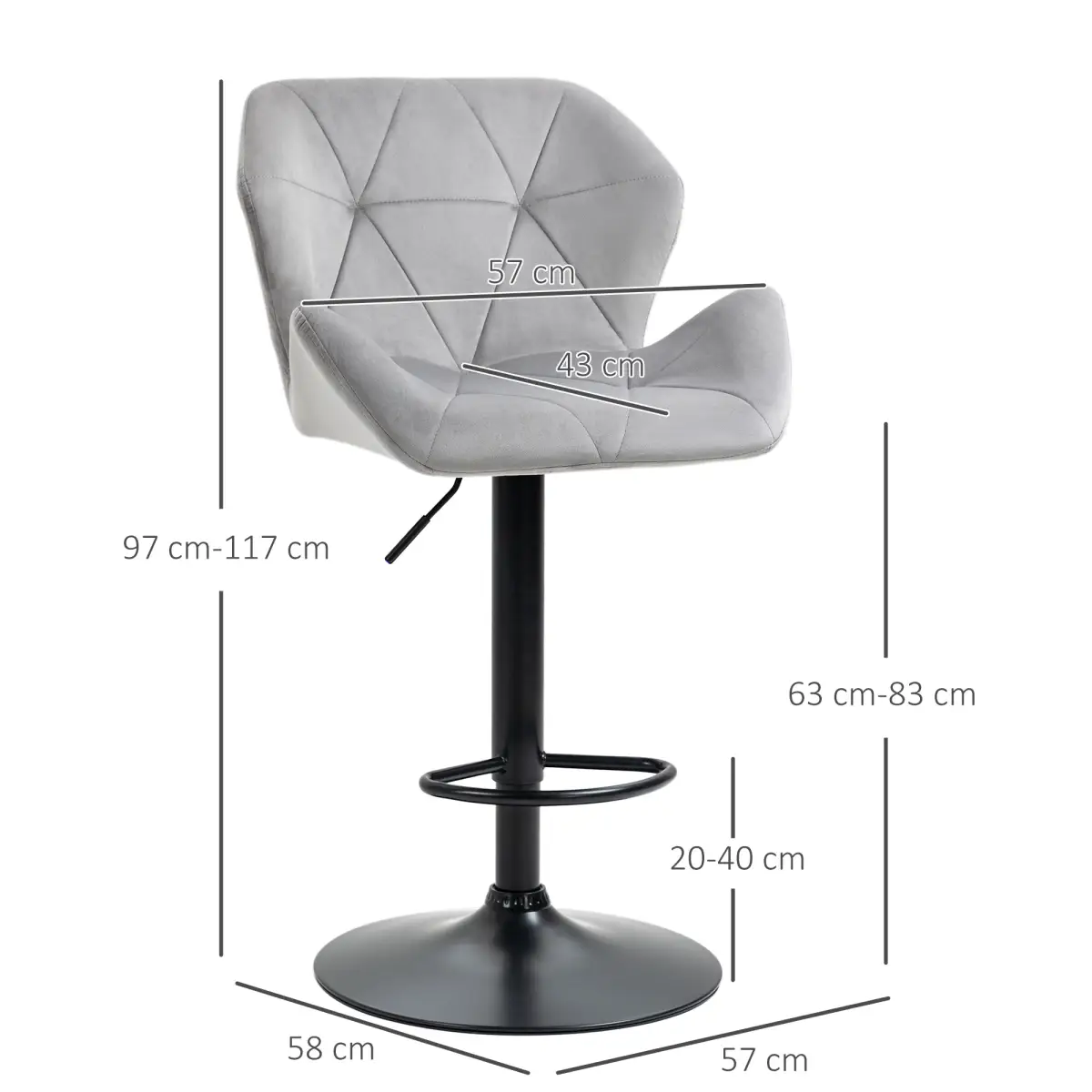 Set Of 2 Luxurious Velvet-Touch Bar Stools w/ Metal Frame Footrest Base Grey by HOMCOM