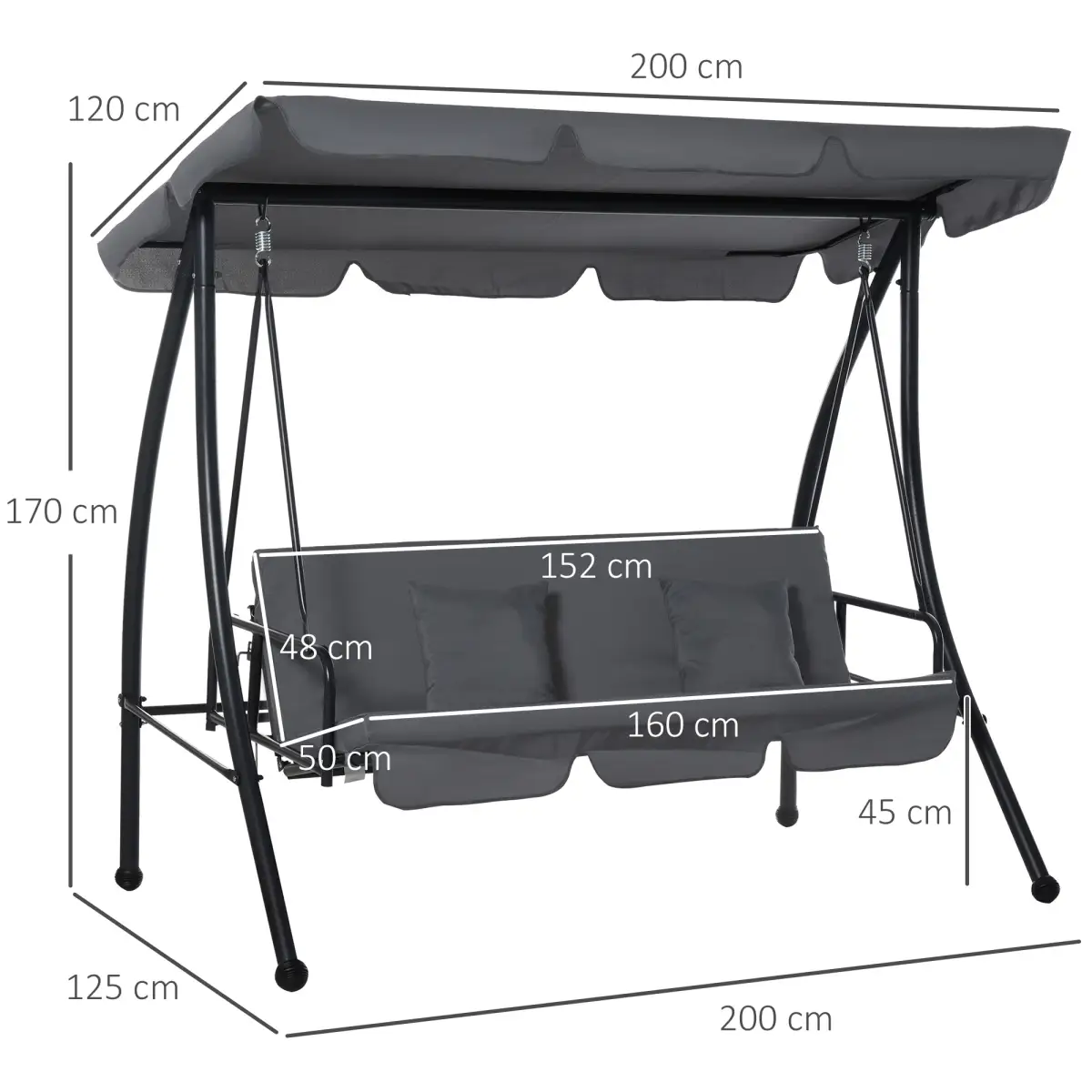 2-in-1 Patio Swing Chair Lounger 3 Seater Hammock Bed Dark Grey Cushion by Outsunny