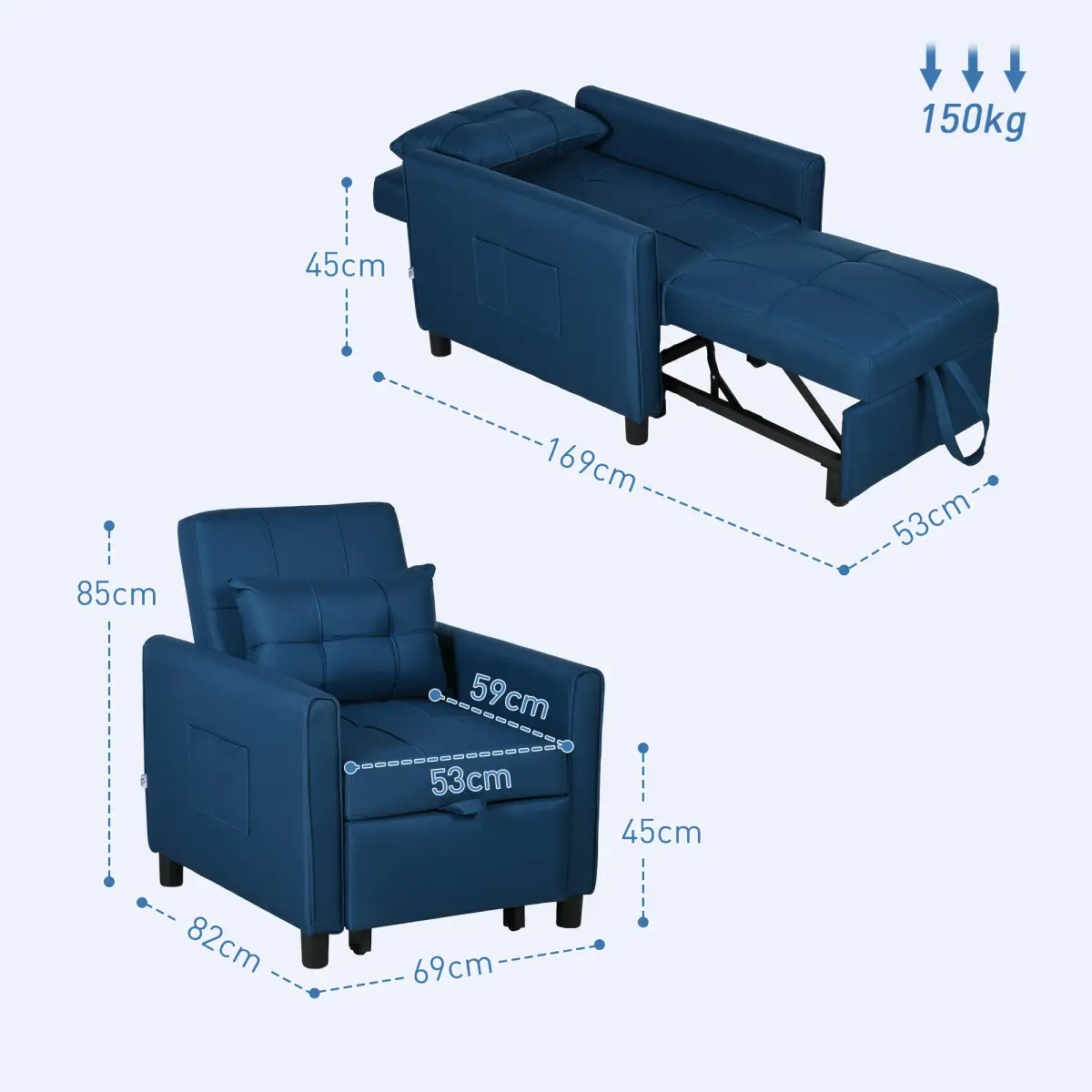 HOMCOM Pull Out Chair Bed, Sleeper Chair with Pillow, Side Pockets, Blue by HOMCOM