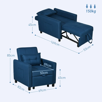 HOMCOM Pull Out Chair Bed, Sleeper Chair with Pillow, Side Pockets, Blue by HOMCOM