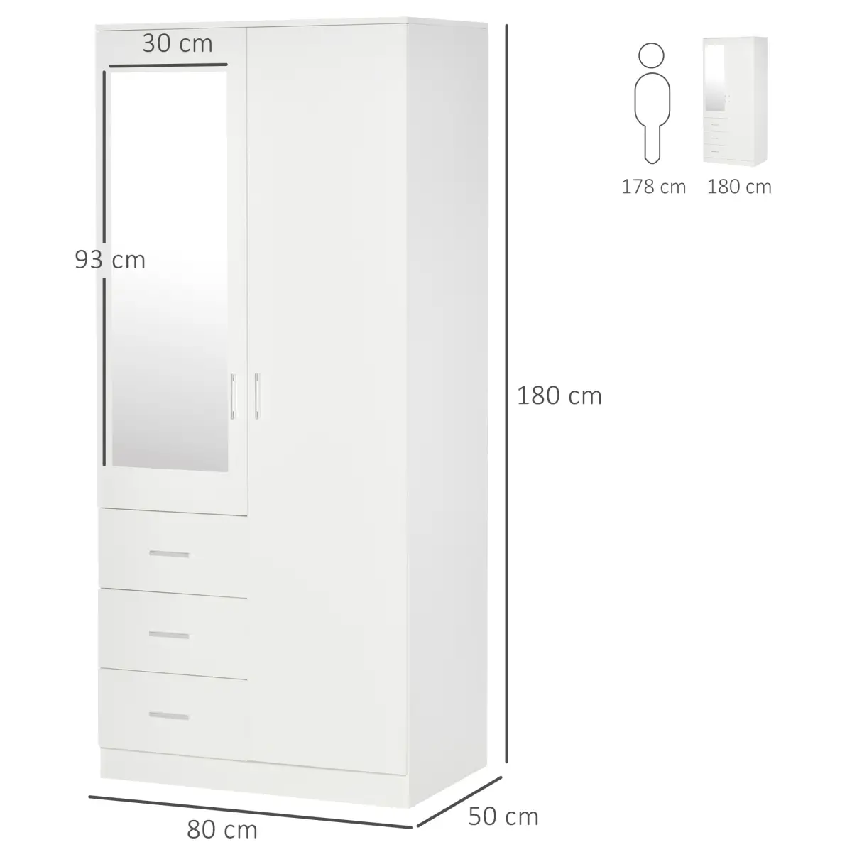 2-Door Wardrobe w/ Adjustable Shelf 3 Drawers for Bedroom, 180cm, White by Unbranded