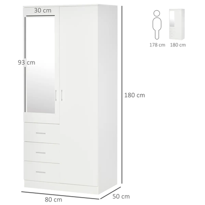 2-Door Wardrobe w/ Adjustable Shelf 3 Drawers for Bedroom, 180cm, White by Unbranded