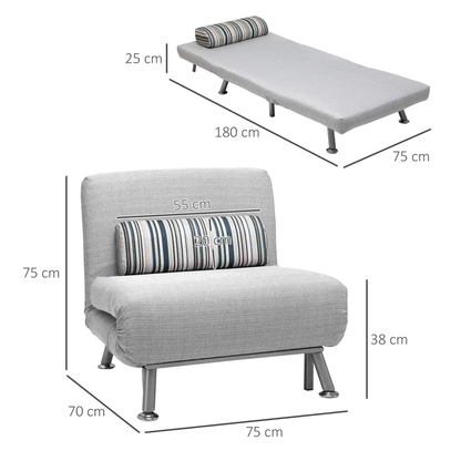 Single Sofa Bed Folding Chair Bed w/ Steel Frame Padding Pillow Grey, Silver by Unbranded