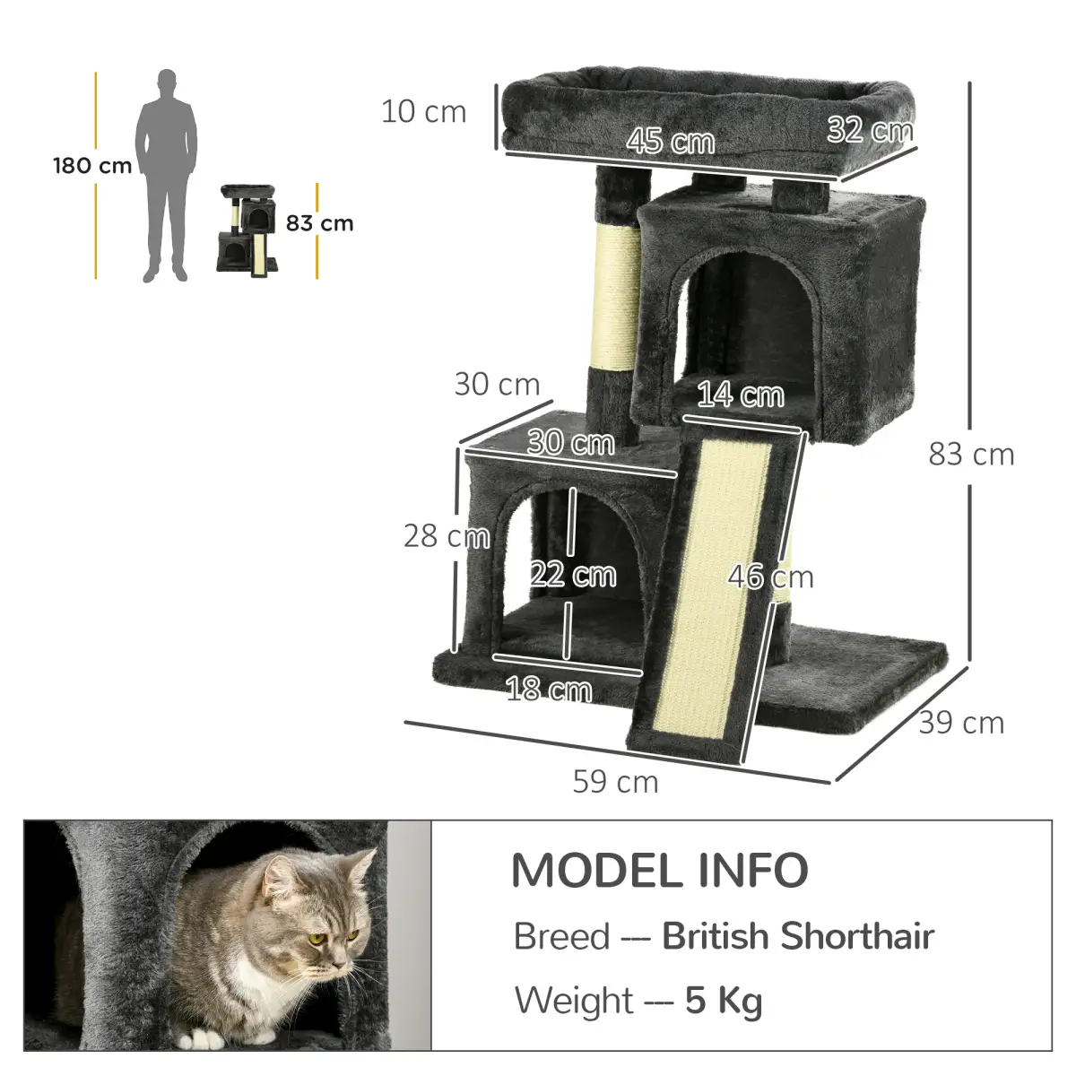 Cat Rest & Play Activity Tree w/ 2 House Perch Scratching Post Black Pawhut by Unbranded