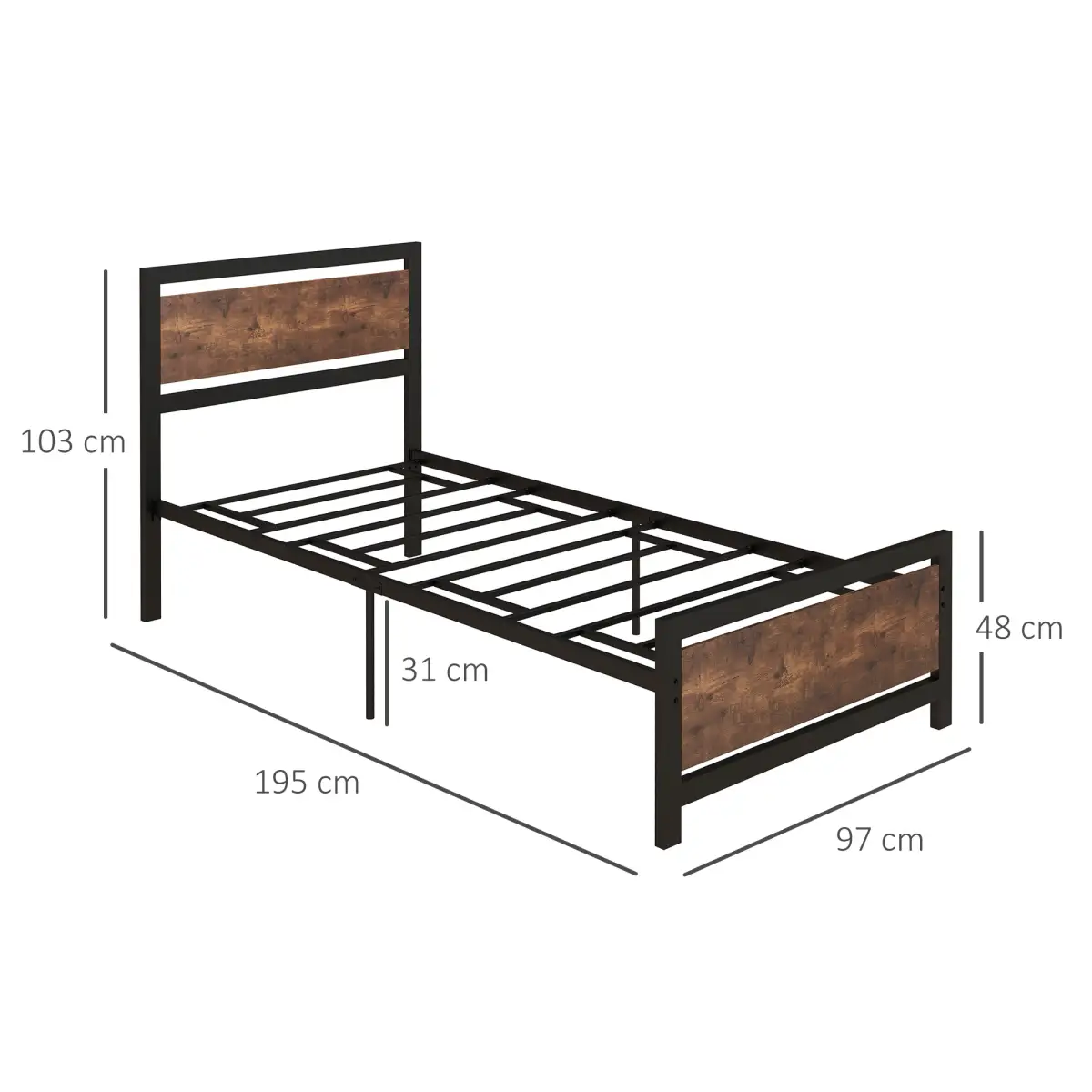 HOMCOM Single Size Metal Bed Frame w/ Headboard & Footboard, 97x195x103cm by HOMCOM