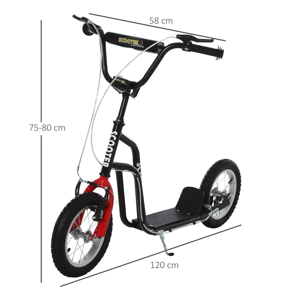 HOMCOM 75-80cm Kids Kick Scooter Adjustable Handlebar Inflatable Wheels Black by Unbranded