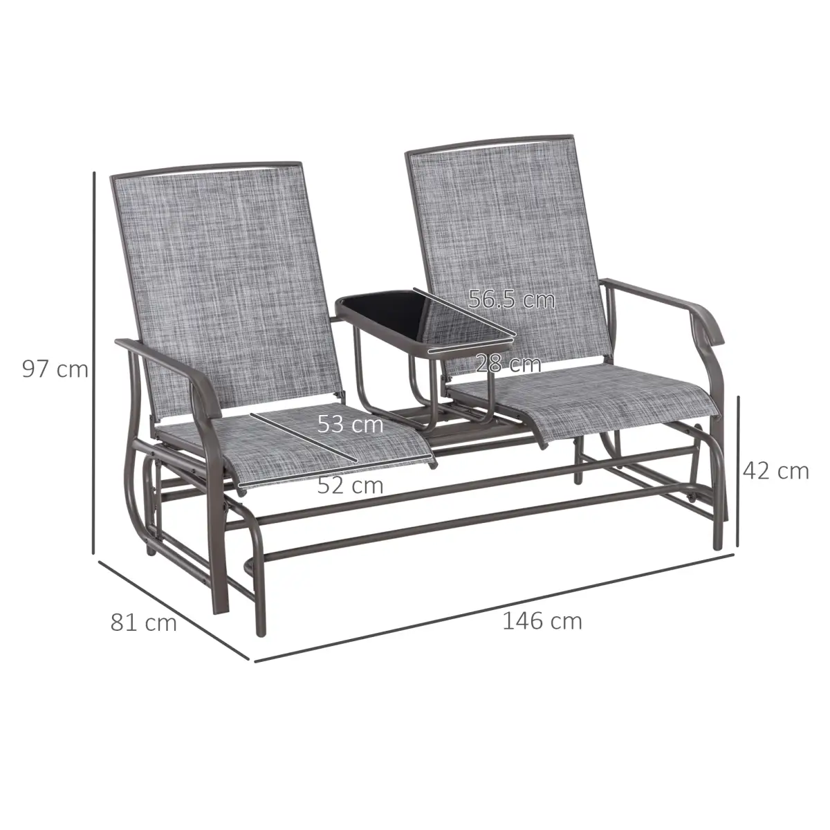2 Seater Metal Double Swing Chair Glider Rocking Chair Seat With Table Grey by Outsunny