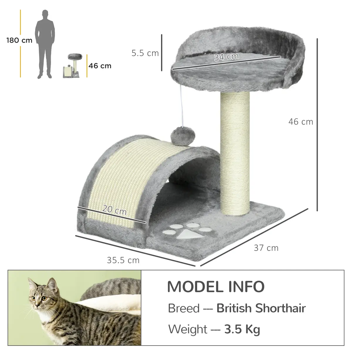 Cat Tree, Kitten Scratcher Activity Centre w/ Sisal Scratching Post, Toy Ball by PawHut