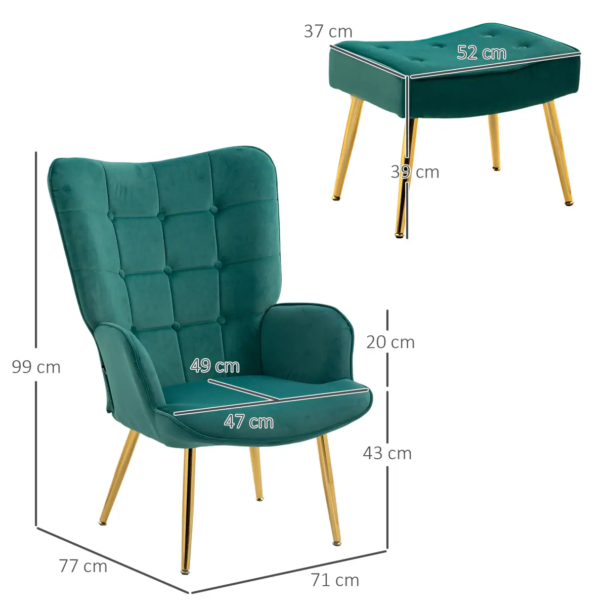 HOMCOM Button Tufted Armchair with Footstool and Gold Tone Steel Legs Dark Green by HOMCOM
