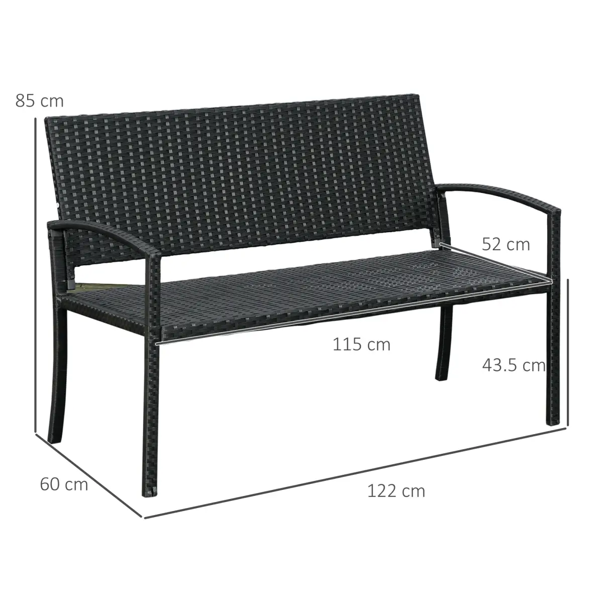 Outsunny Patio Rattan 2 Seater Garden Bench Love Seater Garden Armchair Black by Outsunny