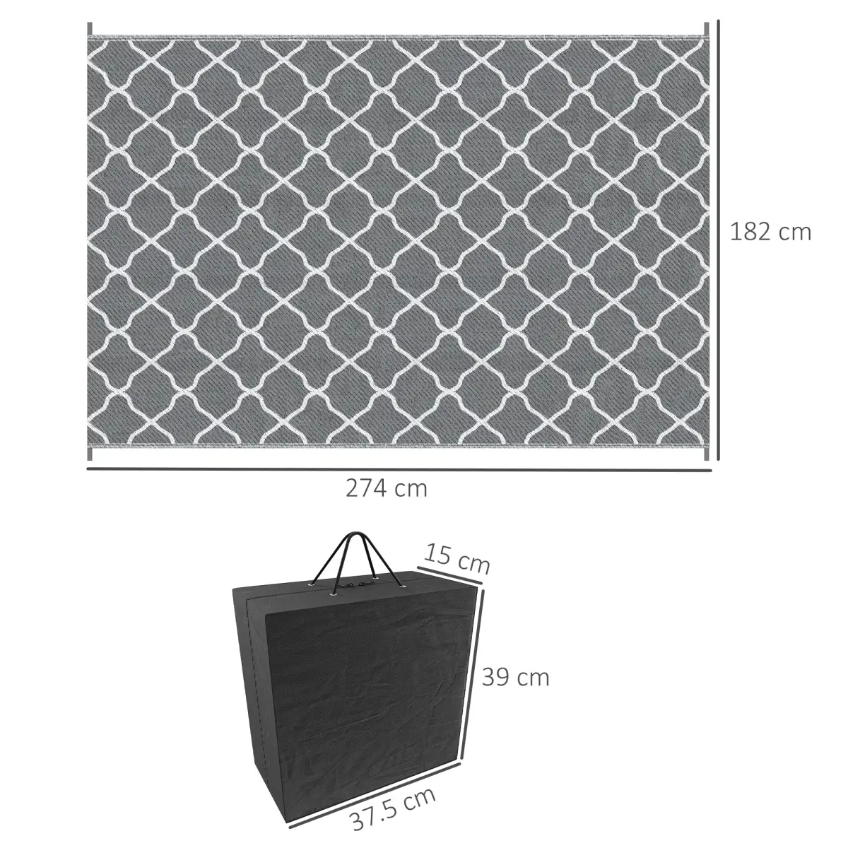 Reversible Outdoor Rug W/ Carry Bag for RV Camping Beach, 182 x 274 cm, Grey by Outsunny