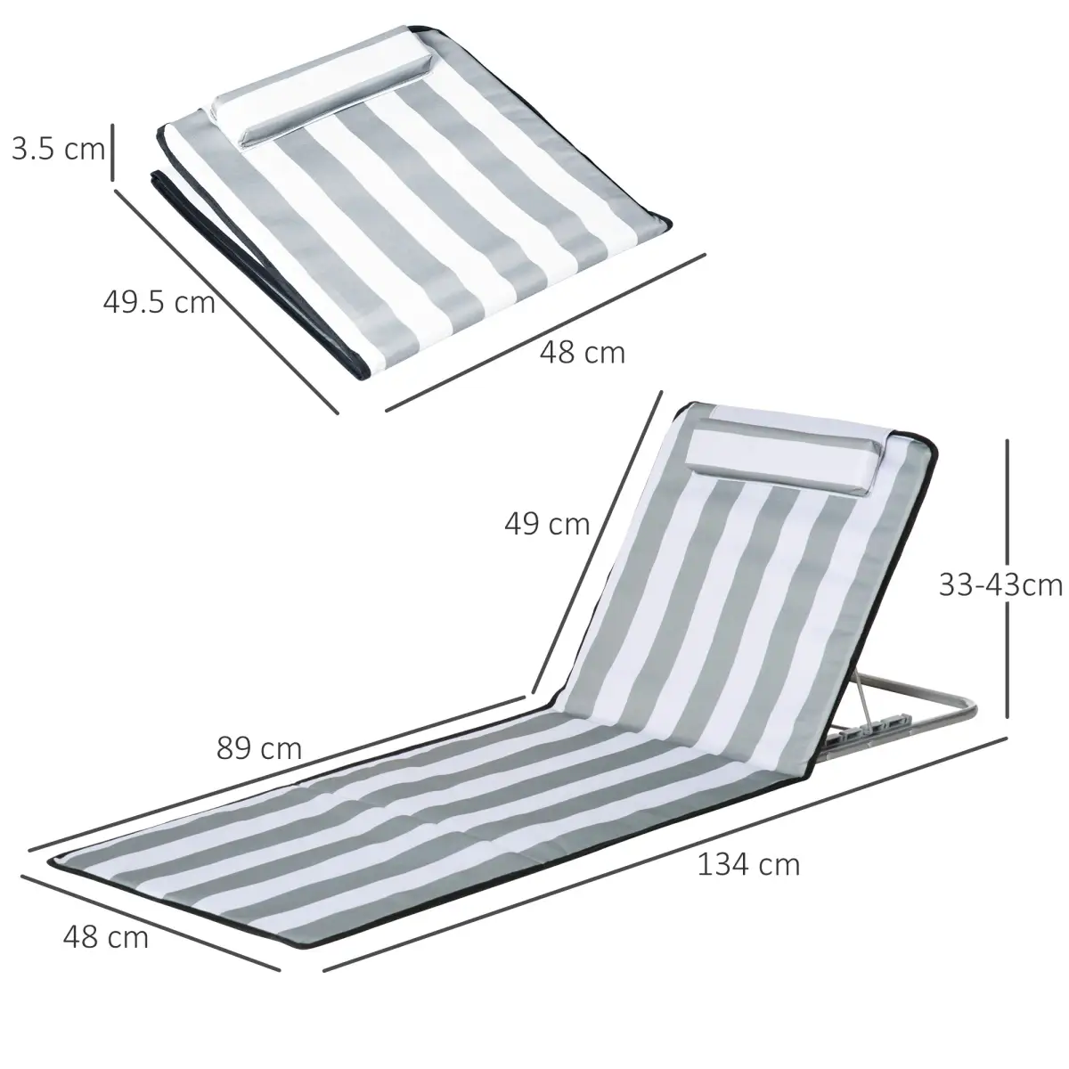 Outsunny 2 Pieces Outdoor Beach Mat Steel Reclining Chair Set w/ Pillow Grey by Outsunny