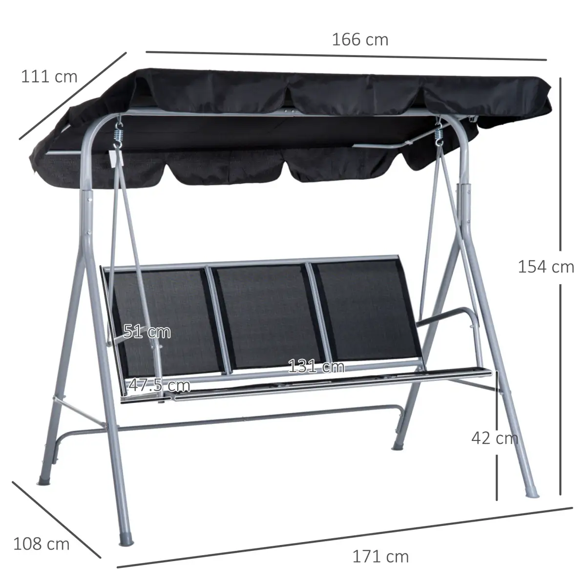 Outdoor 3-Seater Swing Chair-Black by Outsunny