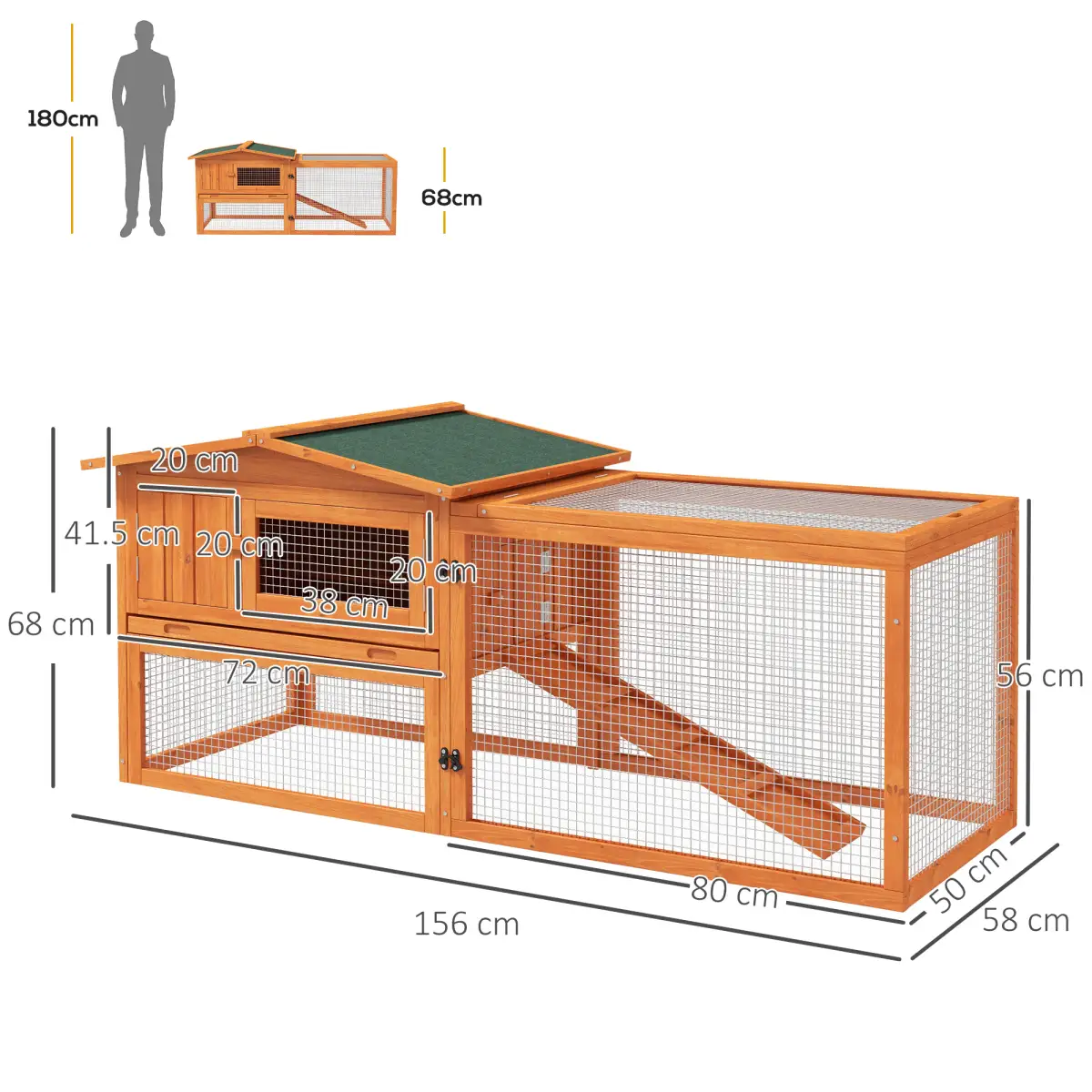 Rabbit Hutch and Run Outdoor Sliding Tray Hay Rack Ramp, 156x58x68 cm Pawhut by Unbranded