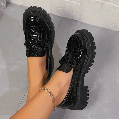 Women's Chain Decor Platform Loafers Fashion Black Patent Leather Dress Shoes Woman Comfortable Slip On Flat Shoes Plus Size 42 by All Mart Bristol Ltd
