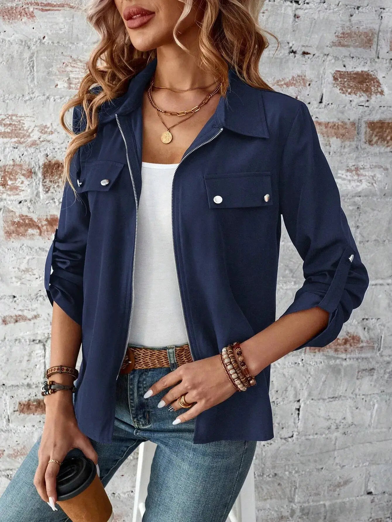 New Style European-Style Collar Zipper Cardigan with A Hood and A Plain-Colored Long-Sleeved Coat for Women by All Mart Bristol Ltd