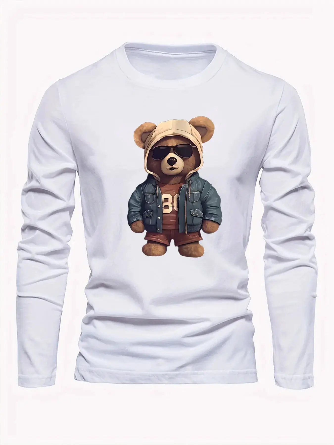 100 cotton men's casual long sleeved round neck loose bear pattern printed autumn and winter T-shirt top versatile by All Mart Bristol Ltd