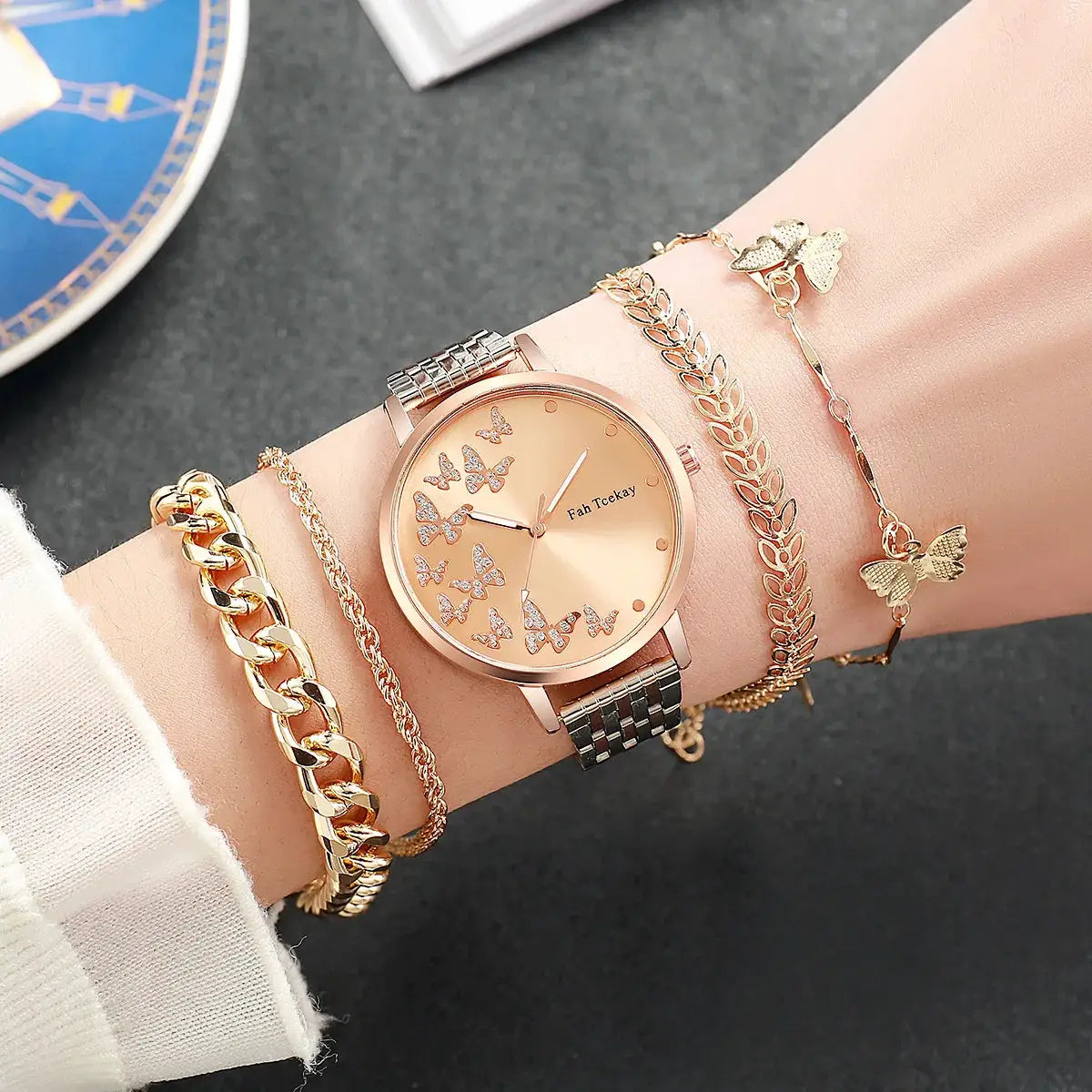 No gift box Fashion women's steel strap watch leisure butterfly diamond face quartz watch butterfly jewelry 5 piece set by All Mart Bristol Ltd