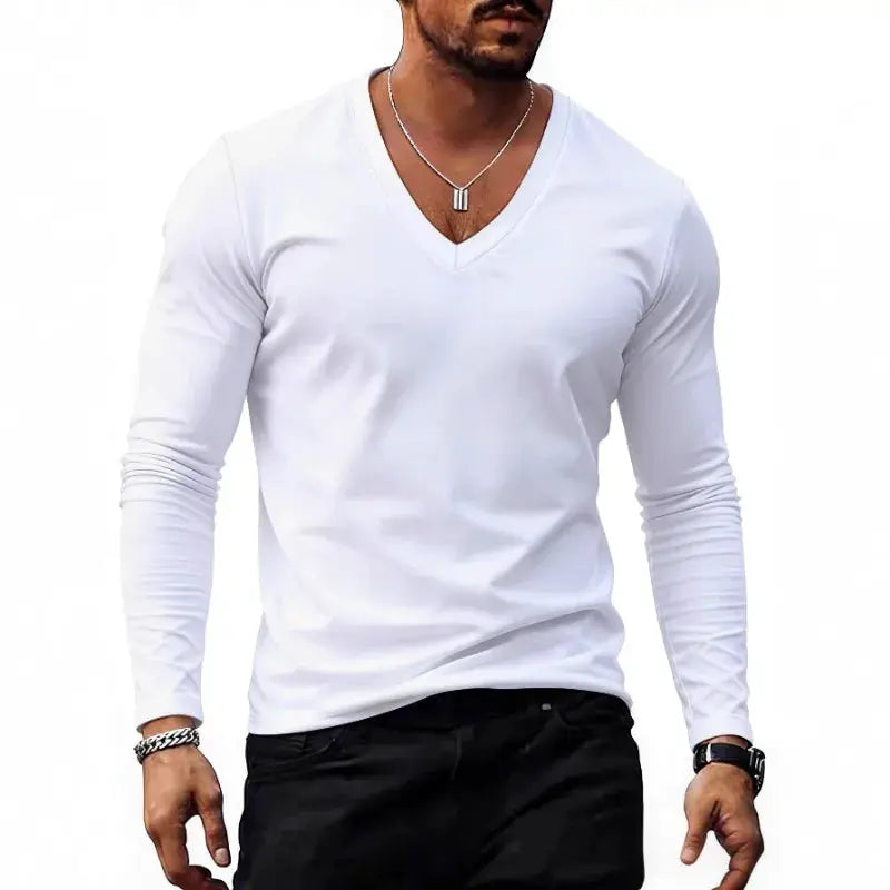 Men V Neck Solid Color Long Sleeve T Shirt Casual Slim Fit Basic Tops for Spring Autumn Daily Wear by All Mart Bristol Ltd