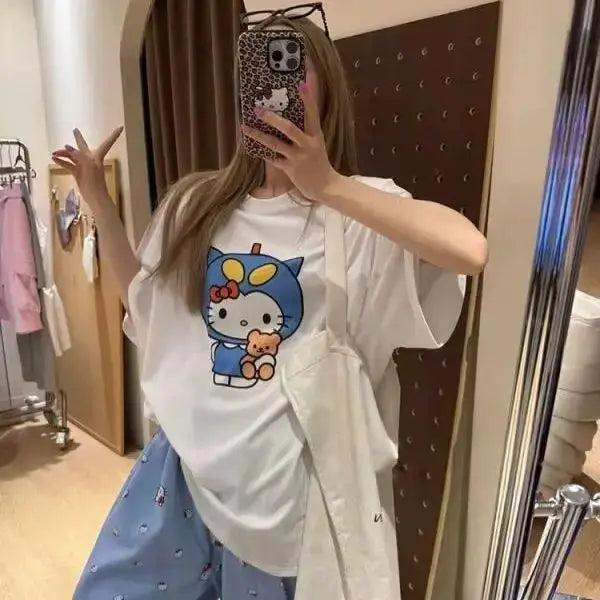 Short Sleeved Hello Kitty Printed T-Shirt Sanrio Women's Summer New Loose Design Versatile Pure Cotton Tops Fun Street Fashion by All Mart Bristol Ltd