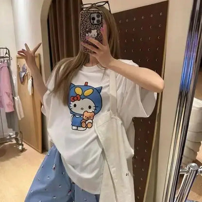 Short Sleeved Hello Kitty Printed T-Shirt Sanrio Women's Summer New Loose Design Versatile Pure Cotton Tops Fun Street Fashion by All Mart Bristol Ltd