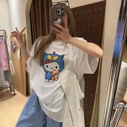Short Sleeved Hello Kitty Printed T-Shirt Sanrio Women's Summer New Loose Design Versatile Pure Cotton Tops Fun Street Fashion by All Mart Bristol Ltd