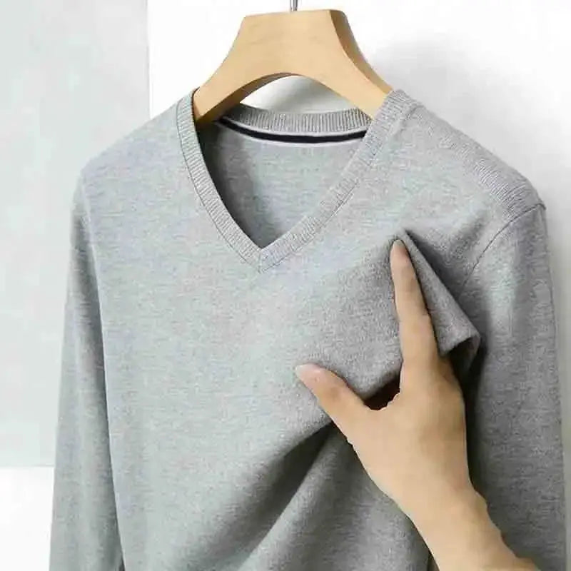 All-season Men's Light Gray V-neck Long Sleeve Knitwear Comfortable Casual Pullover for All Occasions by All Mart Bristol Ltd