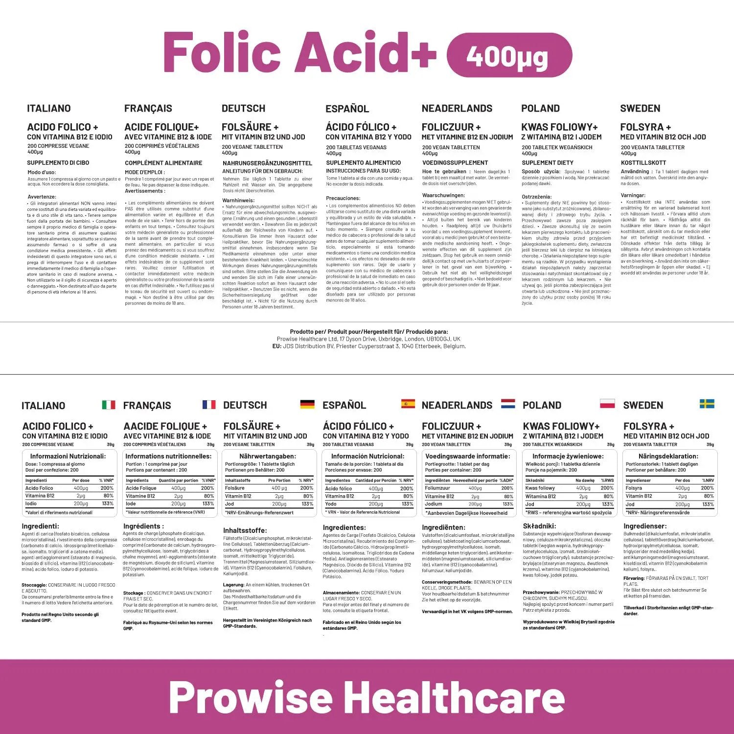 Folic Acid Tablets 400 mcg - 400 Vegan Vitamin B9 Tablets by Prowise Healthcare
