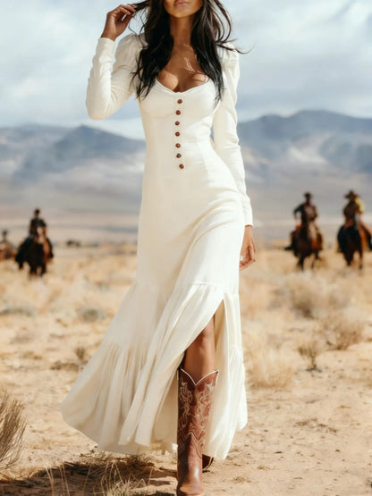 New Arrival Western Style Dress, Buttoned Pleated Long Sleeve Sexy Maxi Dress, Vintage Cross-Border Fashion, Womenswear, Women'S Clothing by All Mart Bristol Ltd