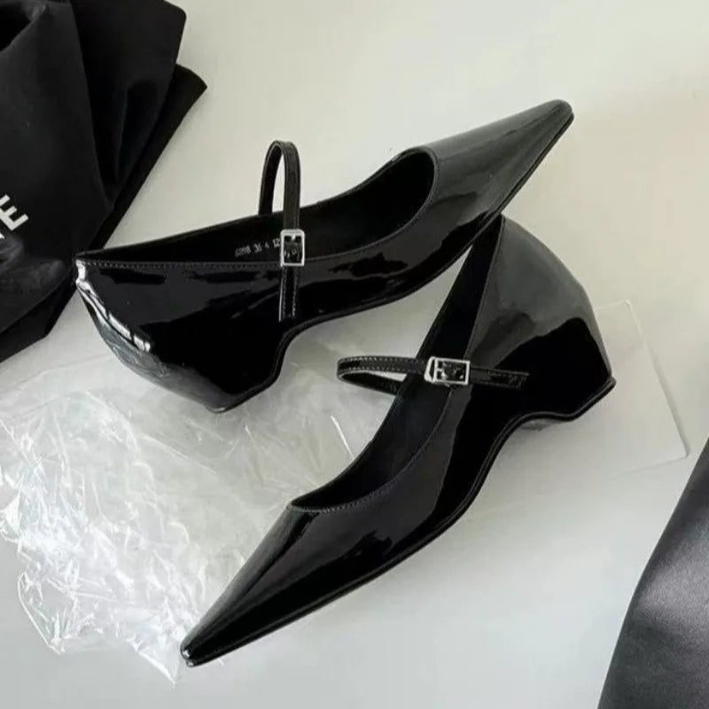 2026 New Arrival Sweet Elegant Shoes Women Wedge Heel Mary Jane Shoes Pointed Toe Women's Shoes Metal Buckle Trim Sandals 5413 by All Mart Bristol Ltd