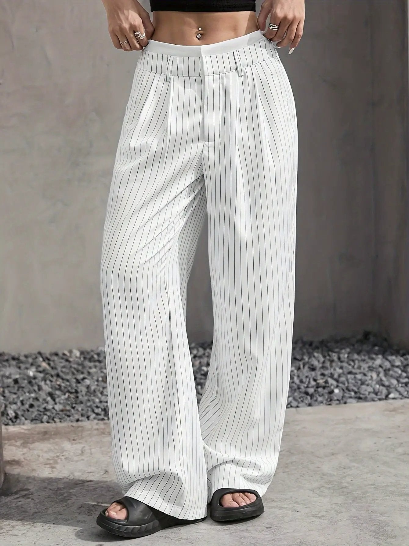 Stripe Printed Trousers Fashion High Waist Straight Leg Pants With Pocket Zipper Casual Suit Pants For Women by Dropshipman