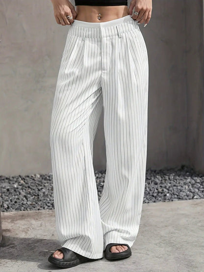 Stripe Printed Trousers Fashion High Waist Straight Leg Pants With Pocket Zipper Casual Suit Pants For Women by Dropshipman