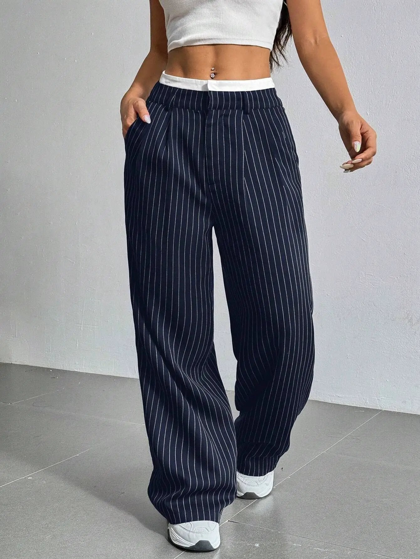 Stripe Printed Trousers Fashion High Waist Straight Leg Pants With Pocket Zipper Casual Suit Pants For Women by Dropshipman