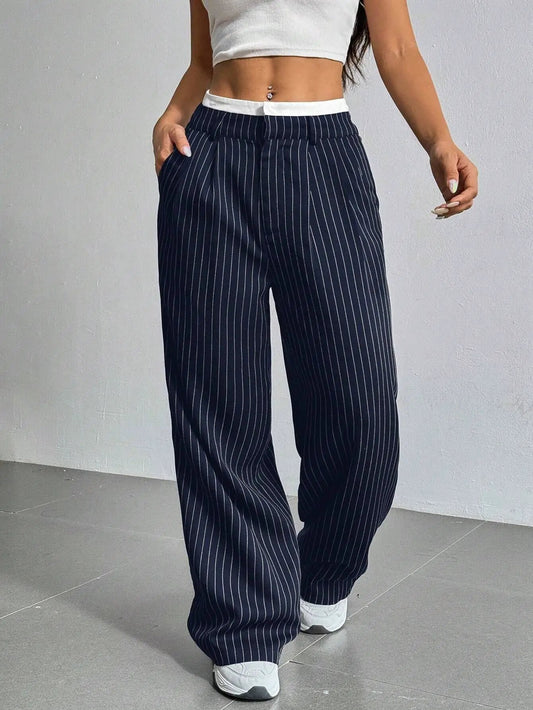 Stripe Printed Trousers Fashion High Waist Straight Leg Pants With Pocket Zipper Casual Suit Pants For Women by Dropshipman
