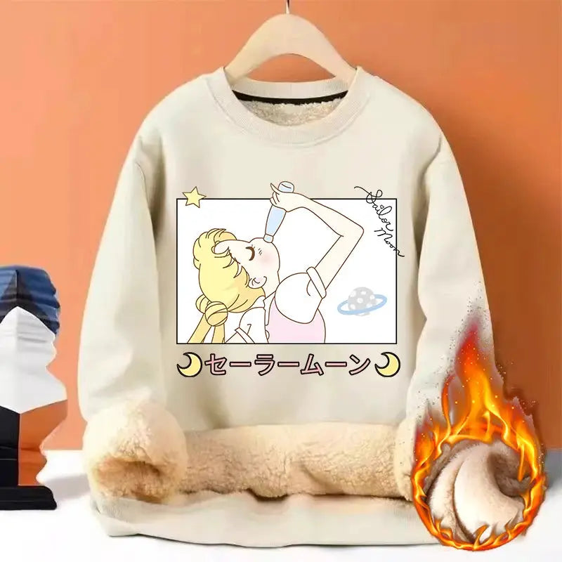 Sailor Moon Woman Thick Sweatshirt Lamb Wool Round Neck Hoodid Girl Cute Long Sleeves Fashion Sportswear Winter Warm Cartoon Top by All Mart Bristol Ltd