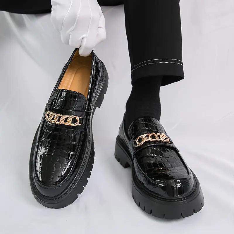 Men's Autumn Thick Bottom Crocodile Pattern Loafers Leather Shoes by Dropshipman