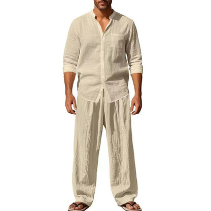 2026 Four Seasons Linen Men's Casual Loose Breathable Long Sleeve Pants Shirt Set by All Mart Bristol Ltd