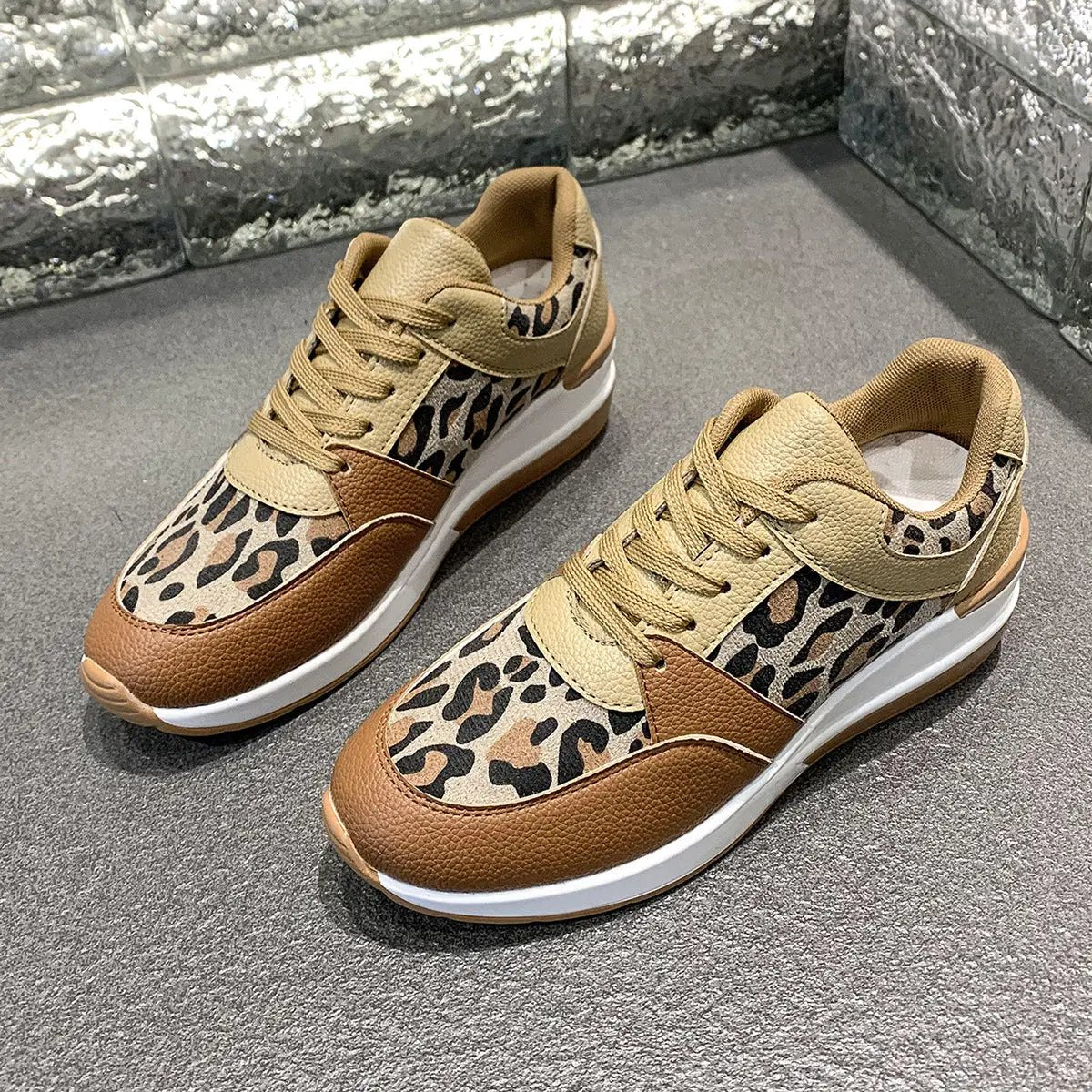 New Womens Leopard-Print Lace-Up Wedge Sneakers With Chunky Sole by Dropshipman