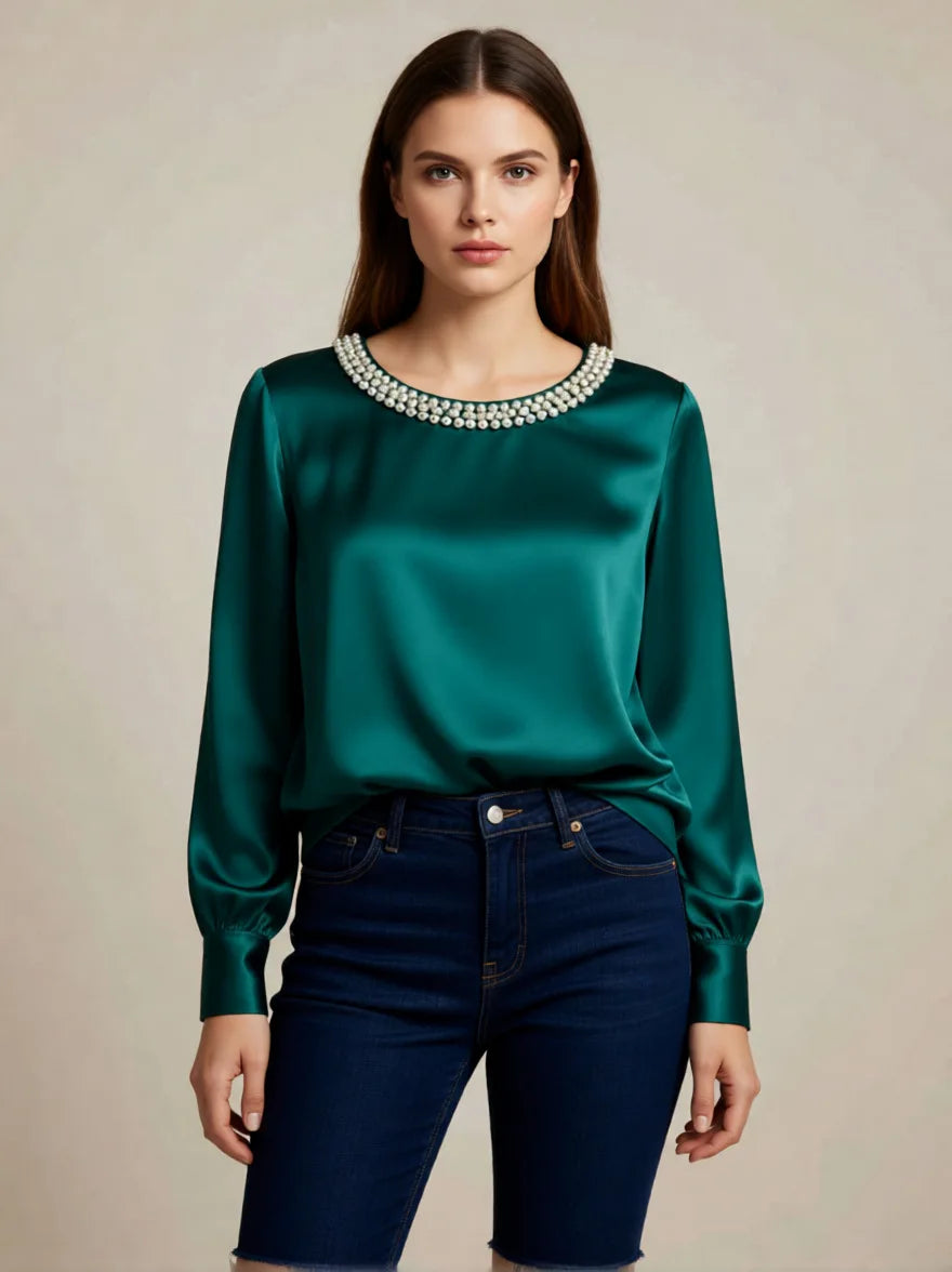Elegant Beaded Satin Blouse for Women, Loose Fit Long Sleeve Silk Shirt Tops by All Mart Bristol Ltd
