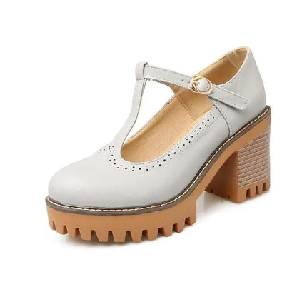 Korean-style Low-Top Single-Buckle Japanese-Style Retro Lace-trimmed Thick-soled Womens High Heels by Dropshipman