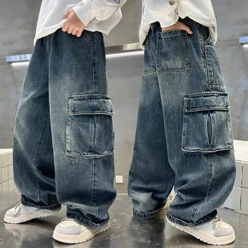 New Autumn Children Cargo Jeans with Side Pocket for Tween fried street Boys Loose Straight Denim Pants Kids Retro Blue Trousers